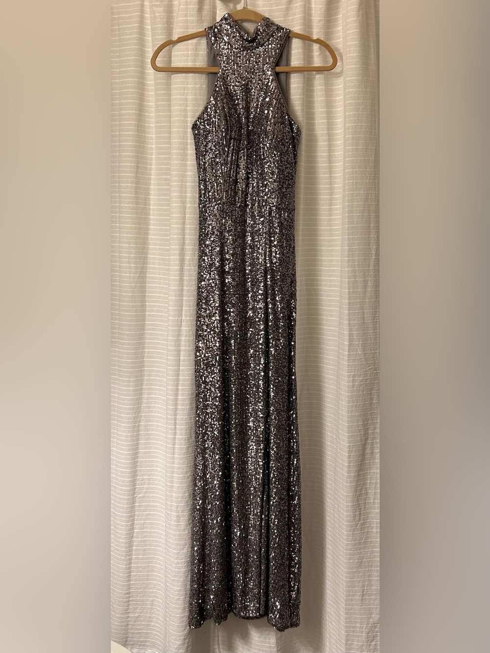 Aqua Silver Sequin Halter Maxi Dress